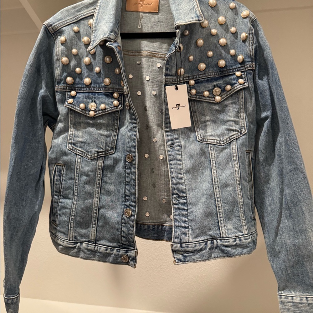 7 For All Mankind Light Blue Jean Jacket with Pearl Accents